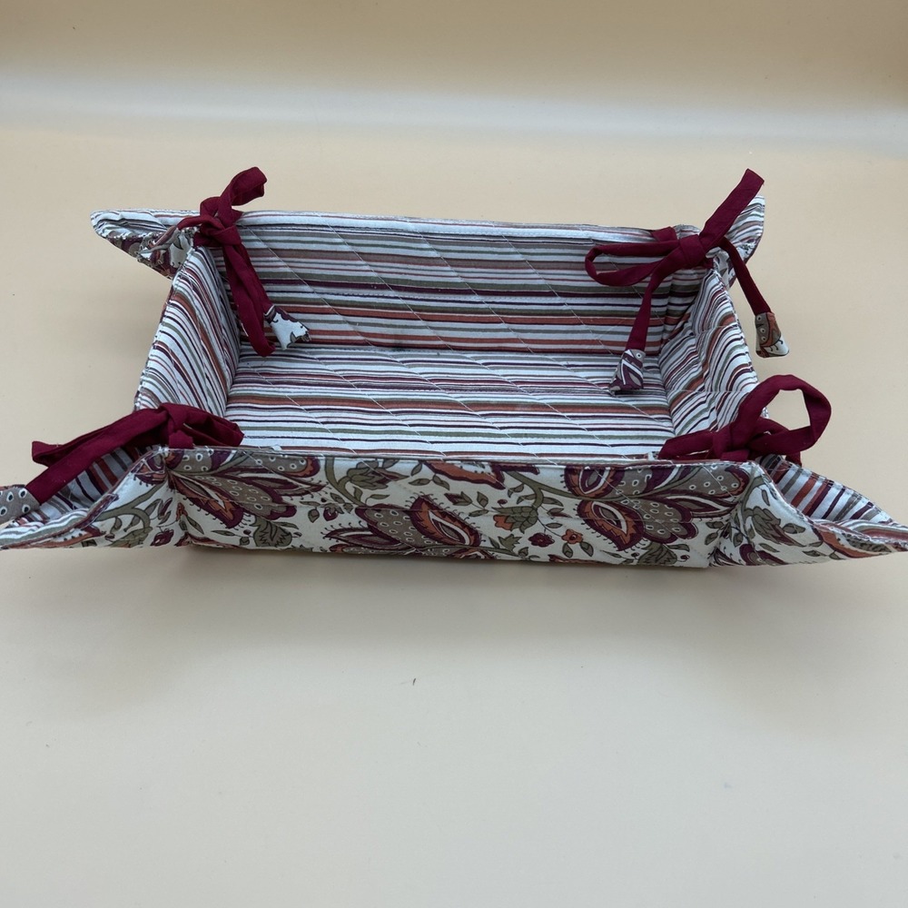 World Market Quilted Basket Red Paisley And Stripe Print With Ties